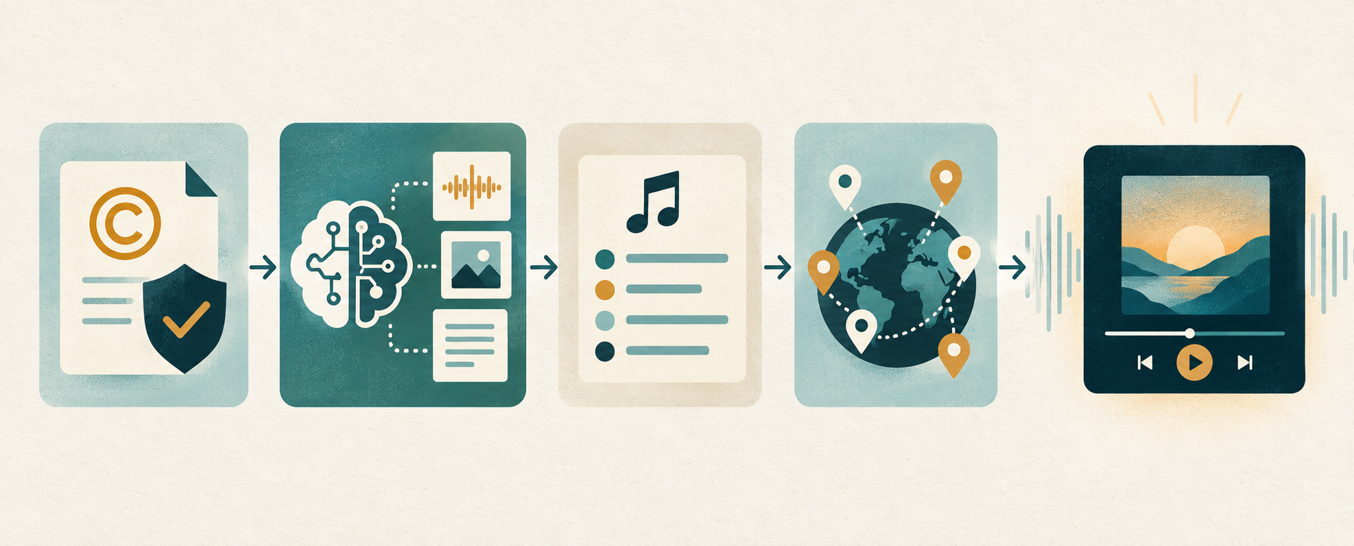An original illustration of an AI-music release specification moving from rights evidence through AI credits and destination mapping into a generic streaming release