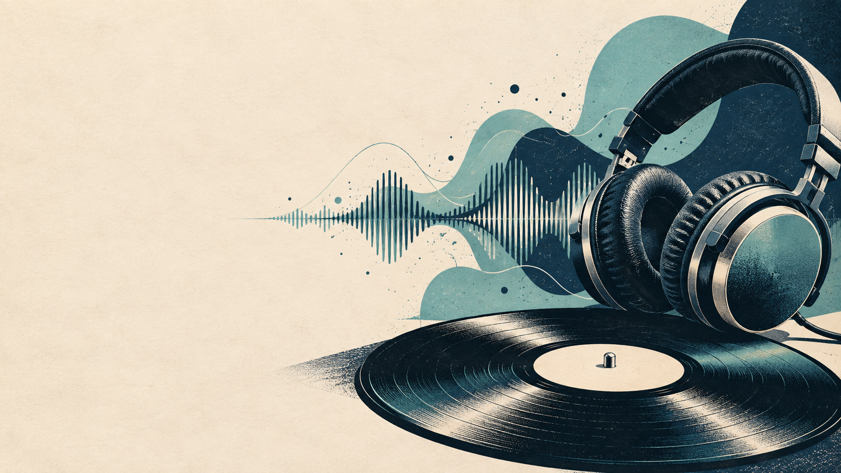 Headphones and a vinyl record beside an abstract teal audio waveform