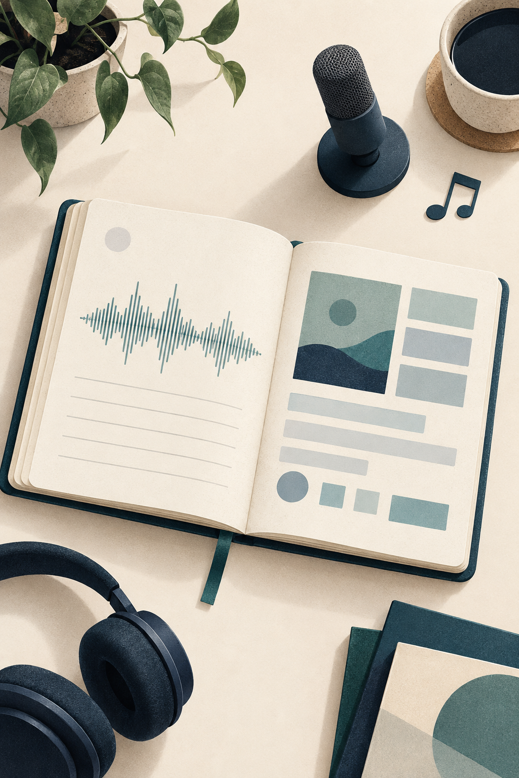 An editorial illustration of a release notebook, microphone, music note, and waveform