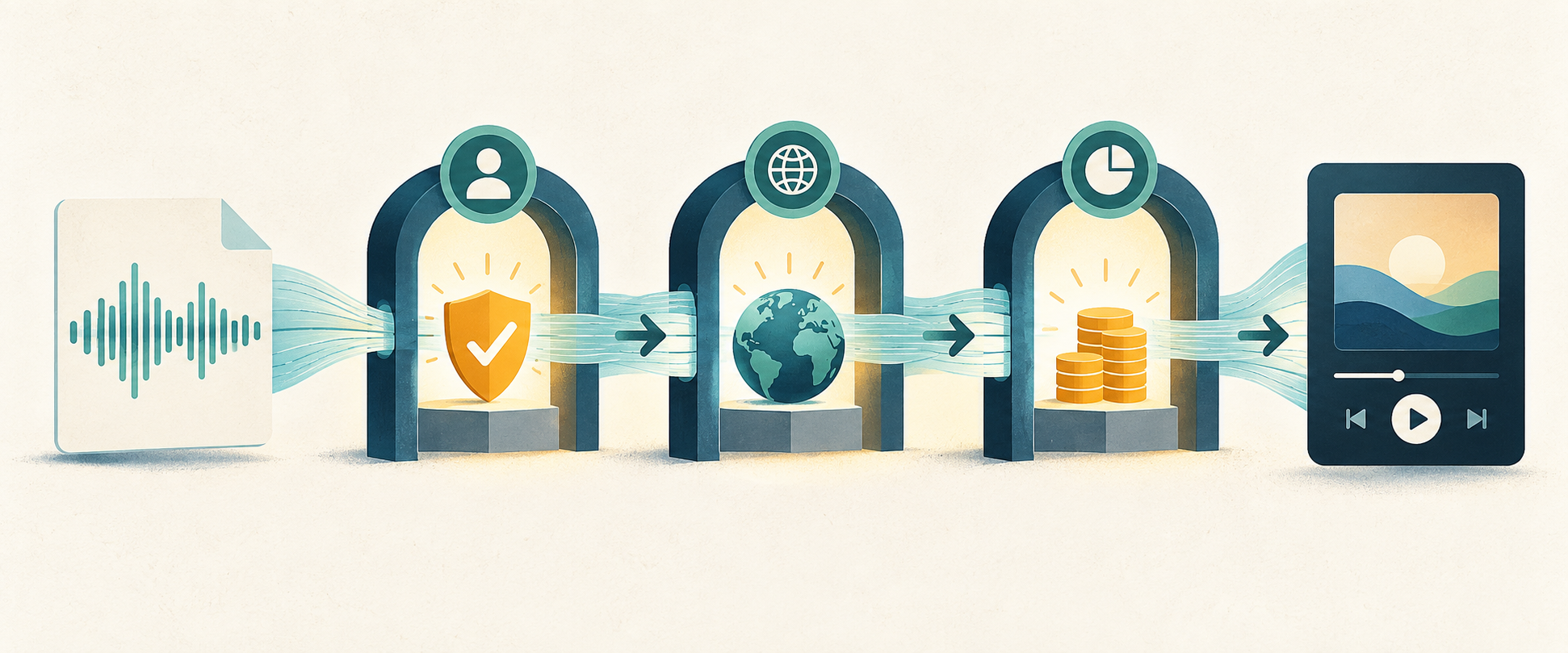 An original illustration of an audio file passing ownership, store-eligibility, and royalty-share gates before reaching a streaming player