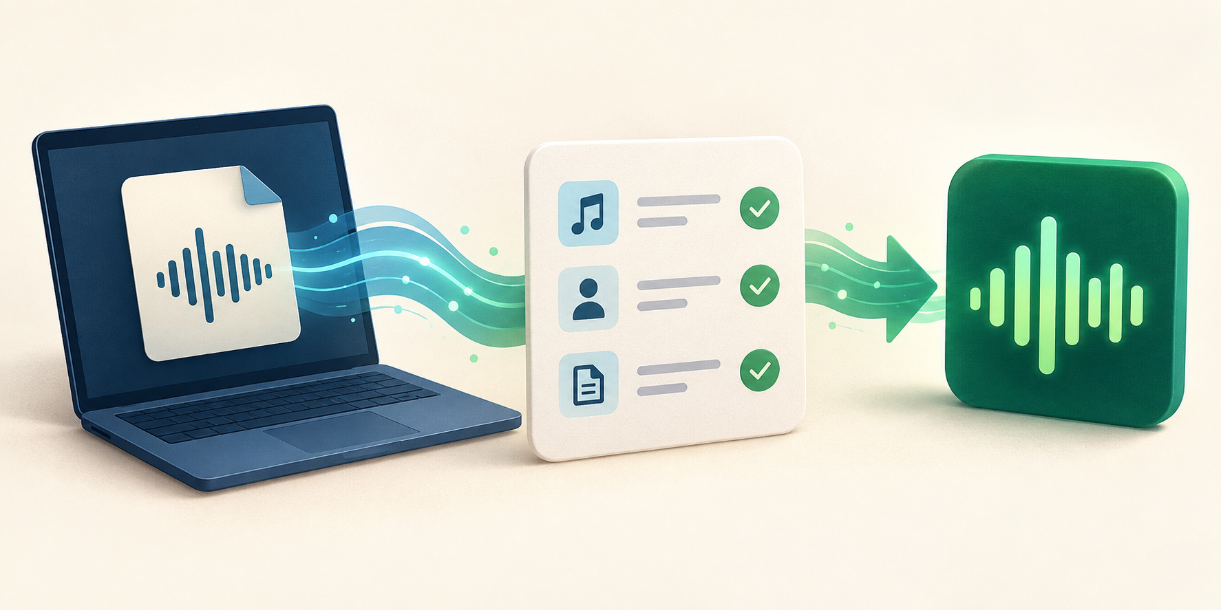 A stylized audio file moving from a laptop through a rights checklist to a generic streaming waveform